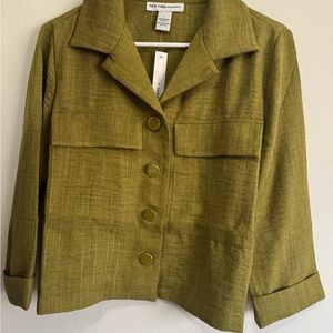 Muted Olive Green Linen-Blend Blazer with Relaxed Sleeves